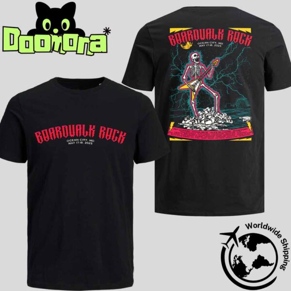Boardwalk Rock Lineup At Ocean City MD On May 17 And 18 2025 Skeleton Playing Guitar Artwork Fan Gifts Two Sides Classic T-Shirt