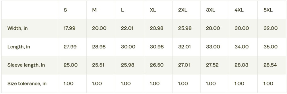 Long Sleeve Size Chart