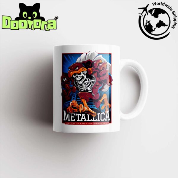 Metallica M72 Virginia Tech Poster In Blacksburg VA At Lane Stadium On May 7 2025 Skeleton Mascot HokieBird Artwork Ceramic Mug