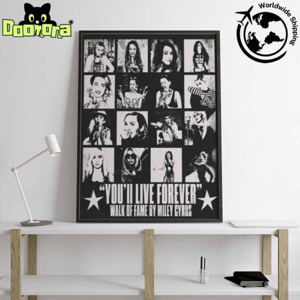 Miley Cyrus Walk Of Fame Collage Black And White Fan Gifts Home Decor Poster Canvas