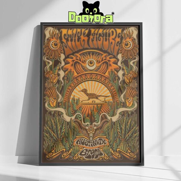 Stick Figure Psychedelic Poster For Austin TX Show On June 29 2025 With Roadrunner And Desert Art Home Decor Poster Canvas