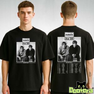 Oasis Concert Poster World Tour 2025 Featuring Classic Black and White Band Portrait Two Sides T-Shirt