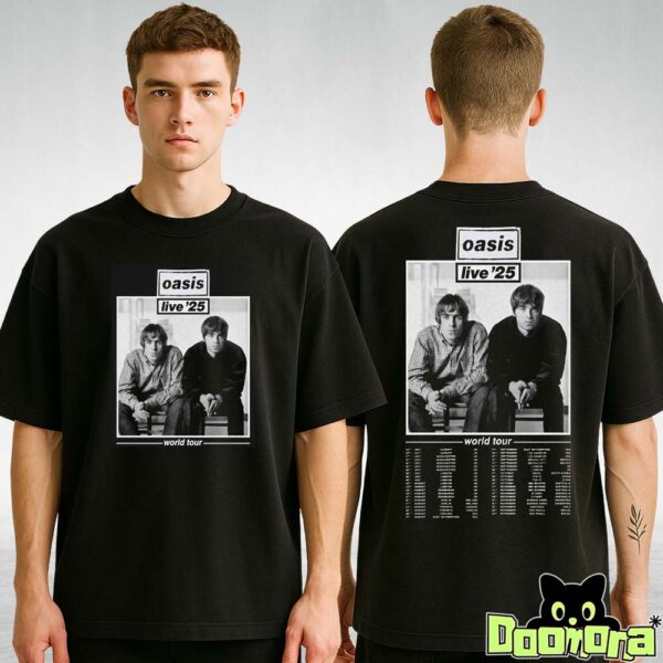 Oasis Concert Poster World Tour 2025 Featuring Classic Black and White Band Portrait Two Sides T-Shirt