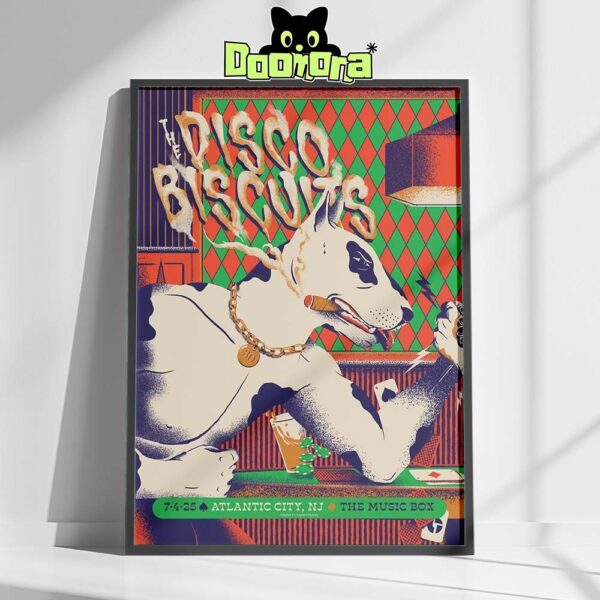 The Disco Biscuits Live Music Poster At The Music Box In Atlantic City NJ On July 4 2025 Featuring Arm Wrestling Dog Smoking Cigar Neon Casino Style Artwork Home Decor Poster Canvas