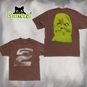 Travis Scott JackBoys 2 Brown T-Shirt With White Spray Number And Green Mask Graphic Back Design T-Shirt