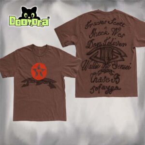 Travis Scott Jackboys II Brown Graphic Tee Featuring Sheck Wes Don Toliver and Sofaygo Logo Back Design All Over Print Shirt