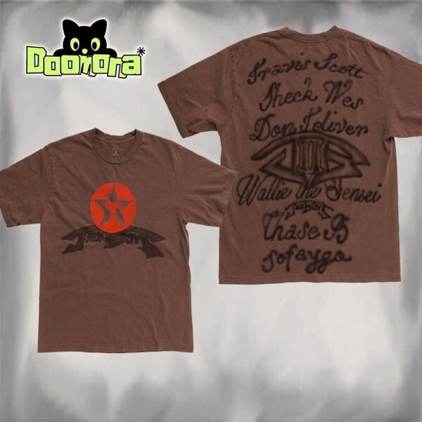 Travis Scott Jackboys II Brown Graphic Tee Featuring Sheck Wes Don Toliver and Sofaygo Logo Back Design All Over Print Shirt